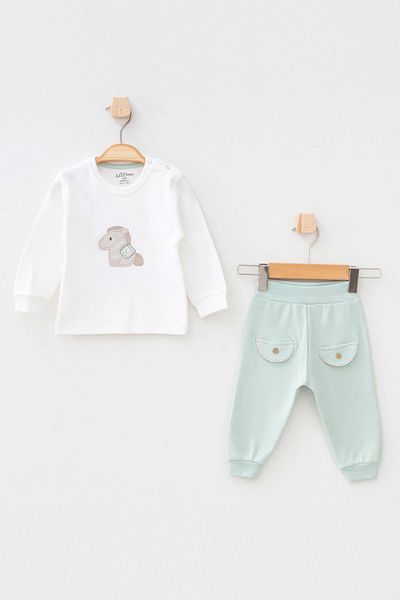 Aziz Bebe Cute Horse Patterned Baby Top and Bottom 3-Piece Cardigan Set Size Between 3 Months - 36 Months