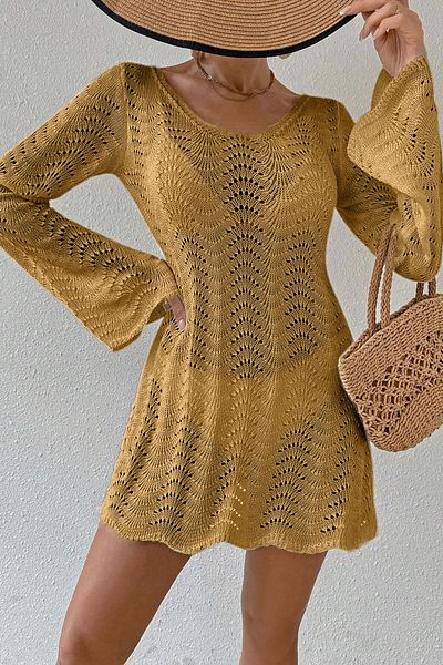 AQE FASHION V-λαιμόκοψη μανίκι καμπάνα χωρίς πλάτη με κορδόνια σε καμηλό χρώμα Casual φόρεμα παραλίας