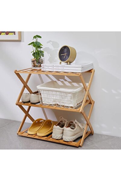 Lizzy Katlanabilir Bambu Ayakkabı Rafı - Giriş için 3 Katlı Ayakkabılık ,  Çok Fonksiyonlu Bağımsız Raf