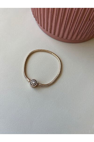 BURÇİN AKSESUAR Zirkon Taşlı Yuvarlak Yılan Zincirli Çelik Bileklik 17,5 cm
