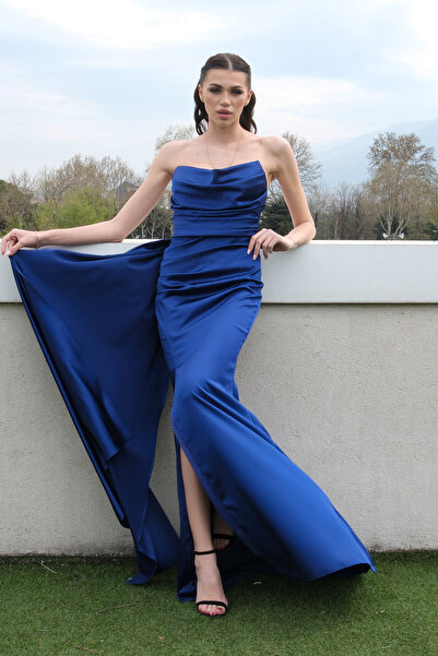 Feminist Straplez Drape Detaylı Yırtmaçlı Saten Kumaş Abiye Elbise Parlament  1607209