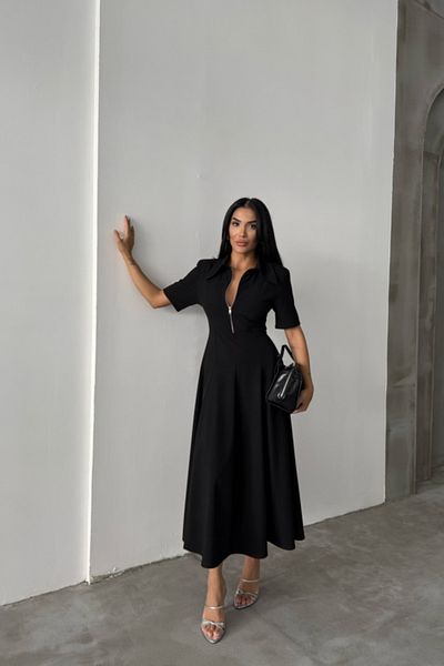 İpeksi Silky Polyviscose Dress Short Sleeve Collar and Zipper Detail - Black
