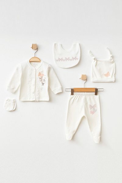 Aziz Bebe Baby Girl Butterfly Embroidered 5' Hospital Discharge Set 0 Month - 3 Month