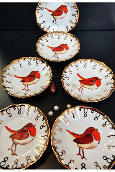 BY.RAYKA PORSELEN El Dekor Porselen El Boyama Altı Kişilik Kuş Modelli Çay Ta...