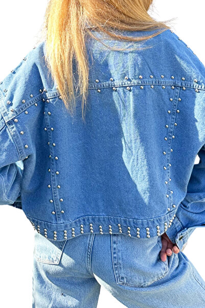VAGGON Women's Blue Troc Studded Crop Jean Jacket Prmx11169