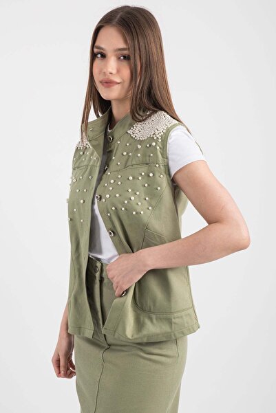 Hatun Atila Жіночий жилет з джинсової тканини з перламутровими деталями на плечах 7790 - зелений