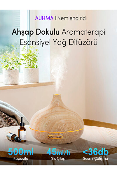 auhma 500ml Ahşap Görünümlü Aromaterapi Hava Nemlendirici - 7 Renkli Led, Ses...