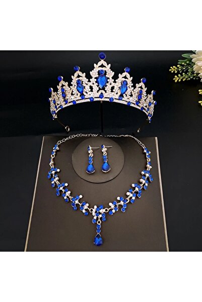 FirstStar مجموعة قلادة زرقاء فاخرة من مجوهرات شعر العرائس باللون الأرجواني وا...