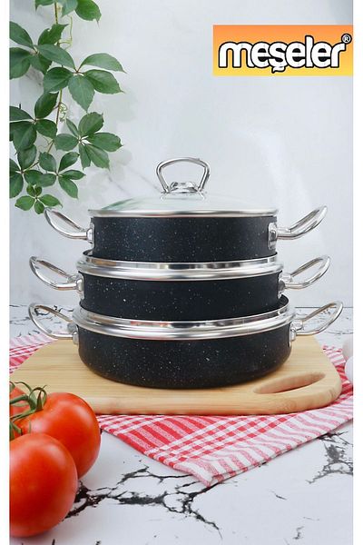 MEŞELER 3 Piece Granite Omelet Pan Set - Black Inox