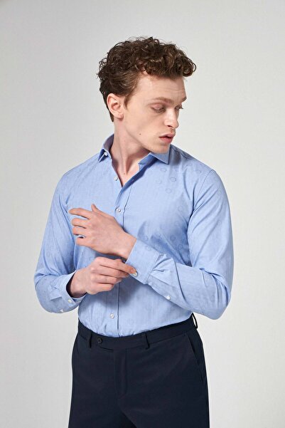 Tween Slim Fit Mavi Düz %100 Pamuklu Smokin Gömlek