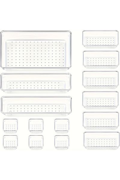 Choice 15pcs 10-piece Versatile Drawer Organizer Set - Clear Plastic Trays And Dividers In 4 Sizes For Perf