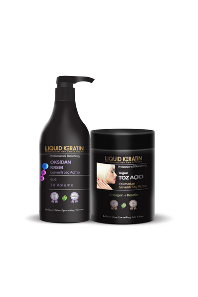 Liquid Keratin Keratinli Gri Toz Açıcı Ve Oksidan Kremli Set (YAKMADAN EVDE KOLAY SAÇ RENGİ AÇMA) 1000ml Kuaför Boy