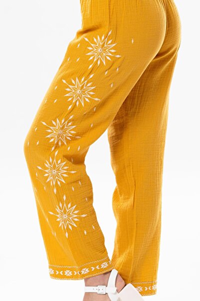Eliş Şile Bezi Mustard Colored Summer Muslin Trousers with Elastic Waist