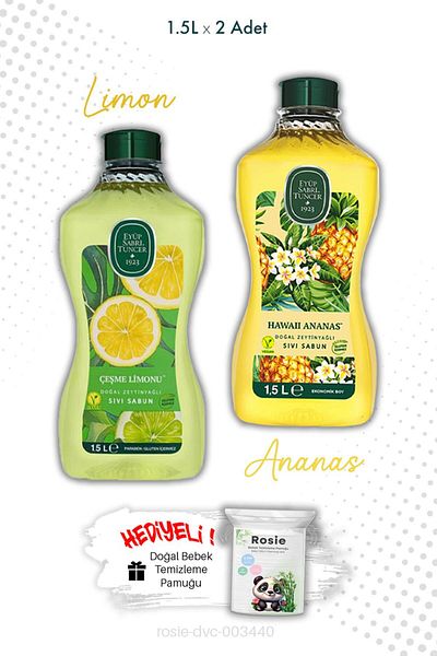 Eyüp Sabri Tuncer Olive Oil Founta Lemon and Hawaiian Pineapple Liquid Soap 1.5L and Rosie