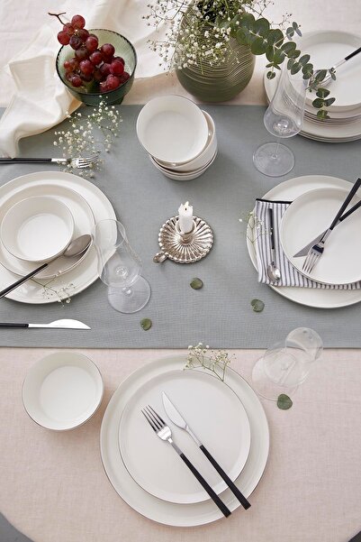 Kütahya Porselen Bone V-form 24 Parça 6 Kişilik Yemek Takımı Platin Fileli