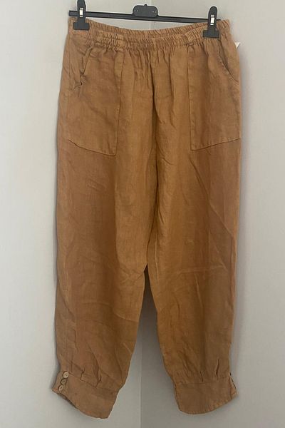 AYASOFYA OTANTIK Women's Italian Camel Elastic Waist Pocket Button Detailed Pencil Long Loose Linen Trousers