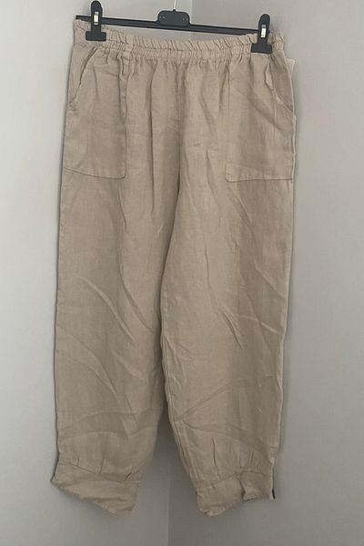 AYASOFYA OTANTIK Women's Italian Beige Elastic Waist Pocket Button Detailed Pencil Long Loose Linen Trousers
