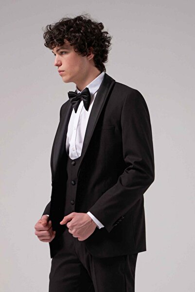 Tween Slim Fit Siyah Düz Damatlık & Smokin Takim Yelekli