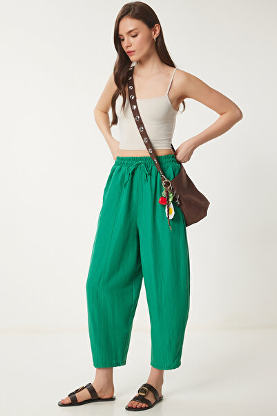 Lovelyİstanbul Καλοκαιρινό Λεπτό Παντελόνι Αυρομπίν Σαλβάρ ΣΚΟΥΡΟ ΠΡΑΣΙΝΟ LCI...