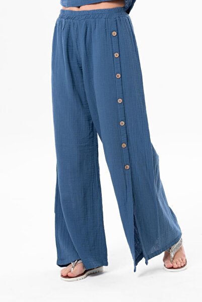 Eliş Şile Bezi İzel Slit Summer Muslin Trousers Indigo indg