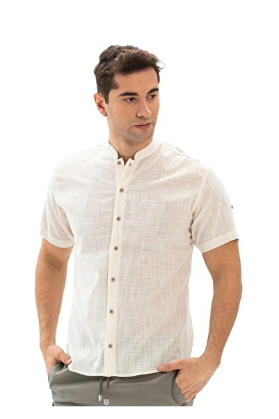 Eliş Şile Bezi Καλοκαιρινό ανδρικό πουκάμισο - κοντομάνικο slub βαμβακερό Bodrum Cream 3002