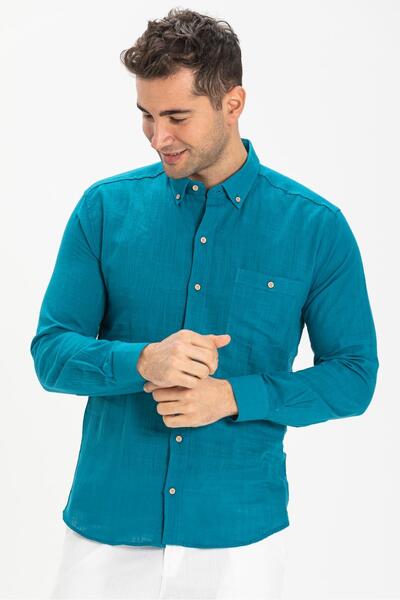 Eliş Şile Bezi Довгий рукав, вузький крій, шильська тканина, чоловіча літня сорочка з однією кишенею, нафтова 3053