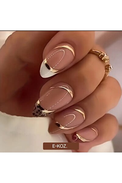Butik Kahve Beyaz Leopar French Desenli Altın Çizgi Detaylı 24'lü Takma Tırna...