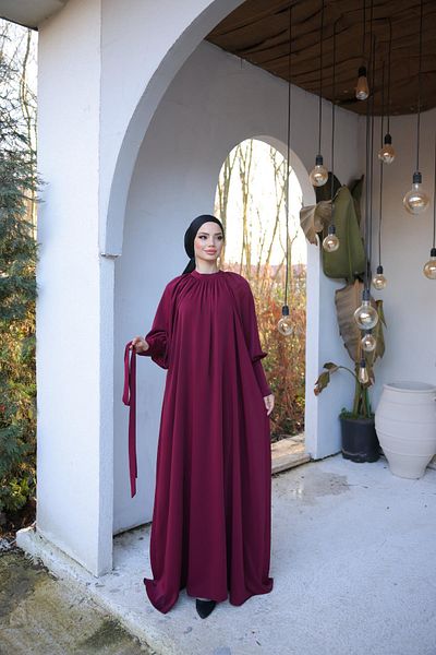 Nissra Ankanoor Burgundy Raglan Sleeve Gathered Dress Anka255072