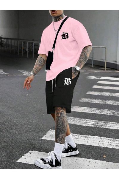 NO 601 Men's Pink B Printed T-Shirt Black Combed Cotton Shorts Set