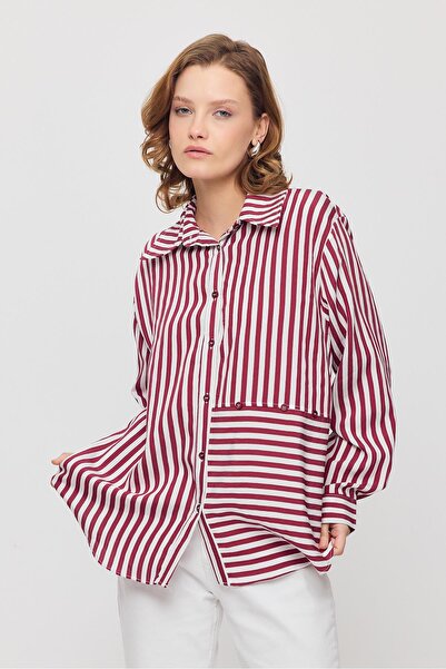 Rays 4522A Смугаста сорочка з ґудзиками бордового кольору