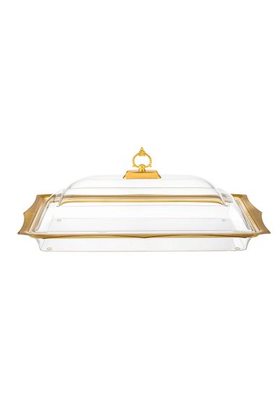 Dania Rectangular acrylic serving plate with a golden cover for pastries, sweets, and all buffets, size 60*37 cm