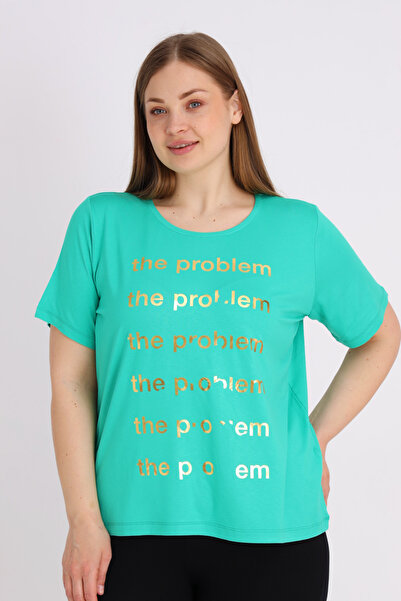 İntensive Women's Crew Neck Green Short Sleeve Printed Plus Size T-Shirt