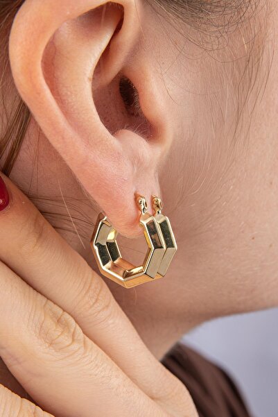 Fiyonk Kuyumculuk 14 Ayar Altın Altıgen Küpe