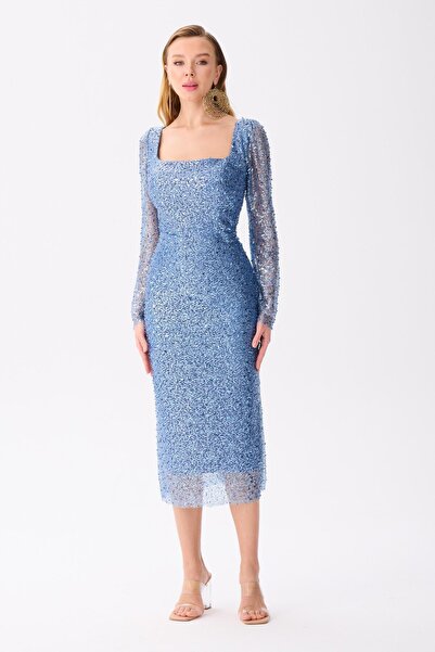 Carmen İndigo Uzun Kollu Payetli Abiye Elbise