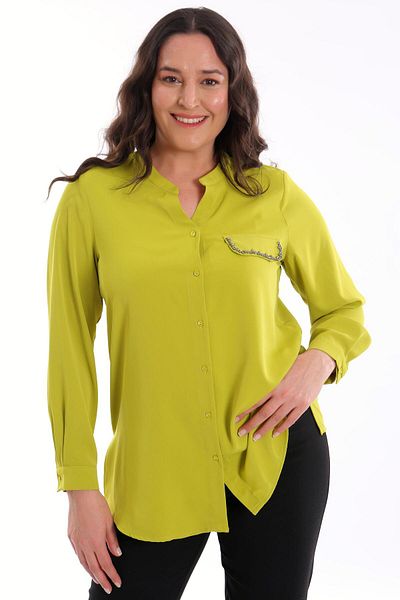 Metpoint Trend42Plus Big Size Pockets Embroidered C Collar Fat Green Shirt