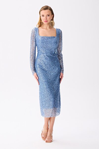 Carmen İndigo Uzun Kollu Payetli Abiye Elbise