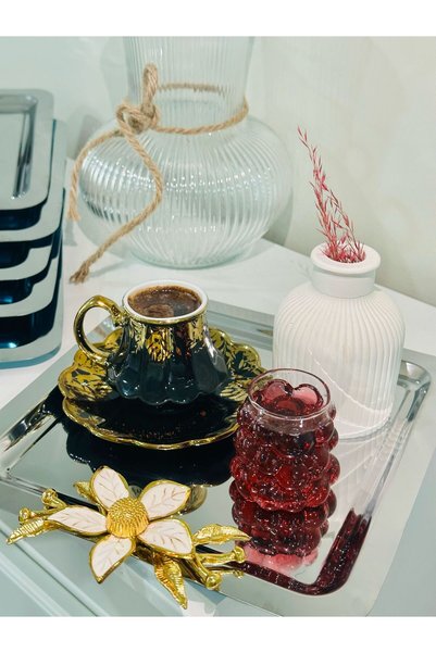 MAHUR HOME Stainless Steel Square Model 4-Piece Coffee & Presentation Tray with Daisy/Flower Accessories Luxury Presentation