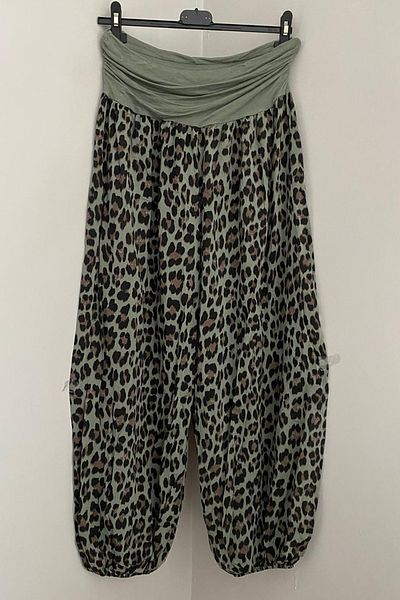 AYASOFYA OTANTIK Women's Italian Khaki Ethnic Leopard Patterned Viscose Loose Baggy Trousers with Elastic Waist and Legs
