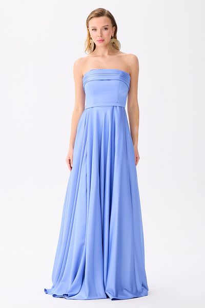 Carmen Indigo Strapless Slit Satin Evening Dress