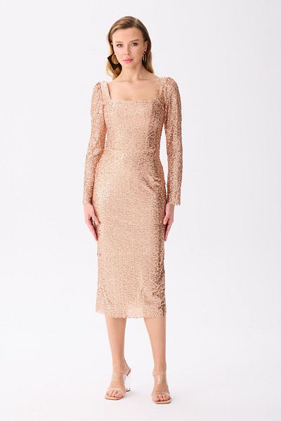 Carmen Copper Long Sleeve Sequined Evening Dress