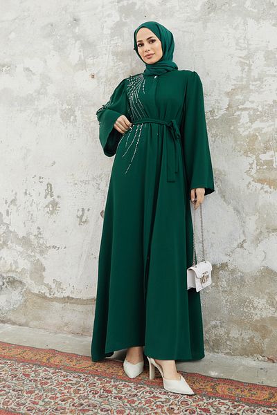 VAVİNOR Viona Stoned Abaya - Emerald