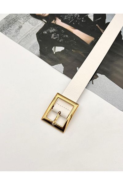 MODAM HİFA Square Buckle Gold Women's Belt Trouser Belt Dress Belt Shirt Belt Coat Belt