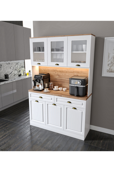GuneyStore Gözde Kahve Köşesi - 140 cm MDF Mutfak Dolabı - LED Aydınlatmalı - Ücretsiz Montaj