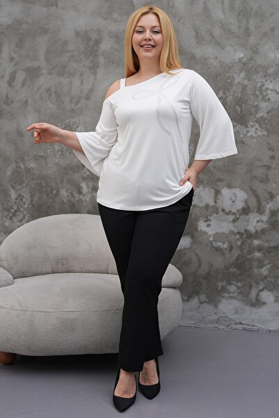 Siyezen Plus Size Single Shoulder Strap Ribbon Stone Blouse