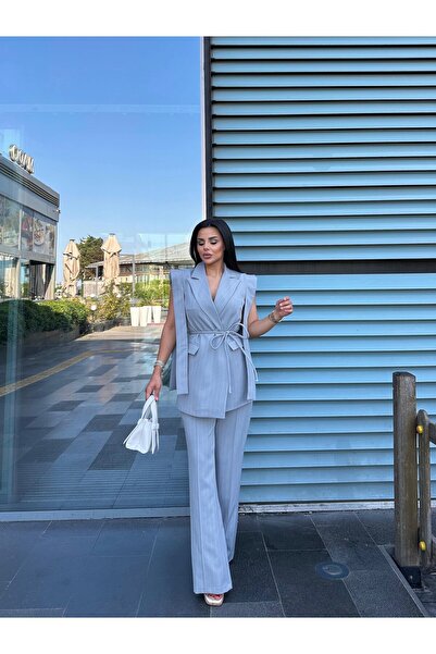 buqre's moda Bağlamalı İkili Kuşaklı Blazer Yelekli Pantolon Takım