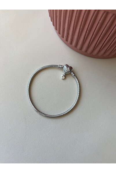 BURÇİN AKSESUAR Kalp Sallantılı Zirkon Taşlı Yılan Kordonlu Çelik Bileklik 19 Cm
