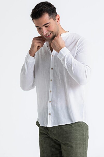 Eliş Şile Bezi Μακρυμάνικο ανδρικό καλοκαιρινό πουκάμισο Poplin Aegean White Byz