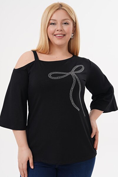 Siyezen Plus Size Single Shoulder Strap Ribbon Stone Blouse