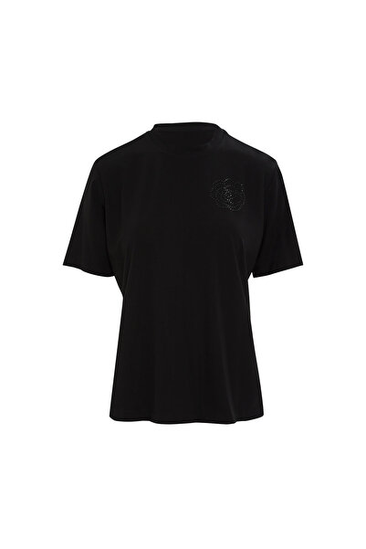 kı.we Çiçek Motif Detaylı Bisiklet Yaka Siyah Bluz