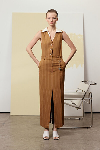 Berr-ın Ριγέ φόρεμα με γιακά με αντίθεση καφέ